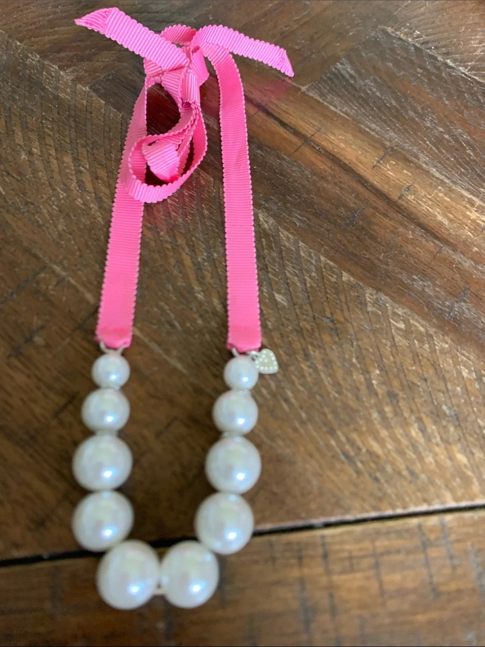 Girls Pink Ribbon Faux Pearl Necklace with Heart Charm